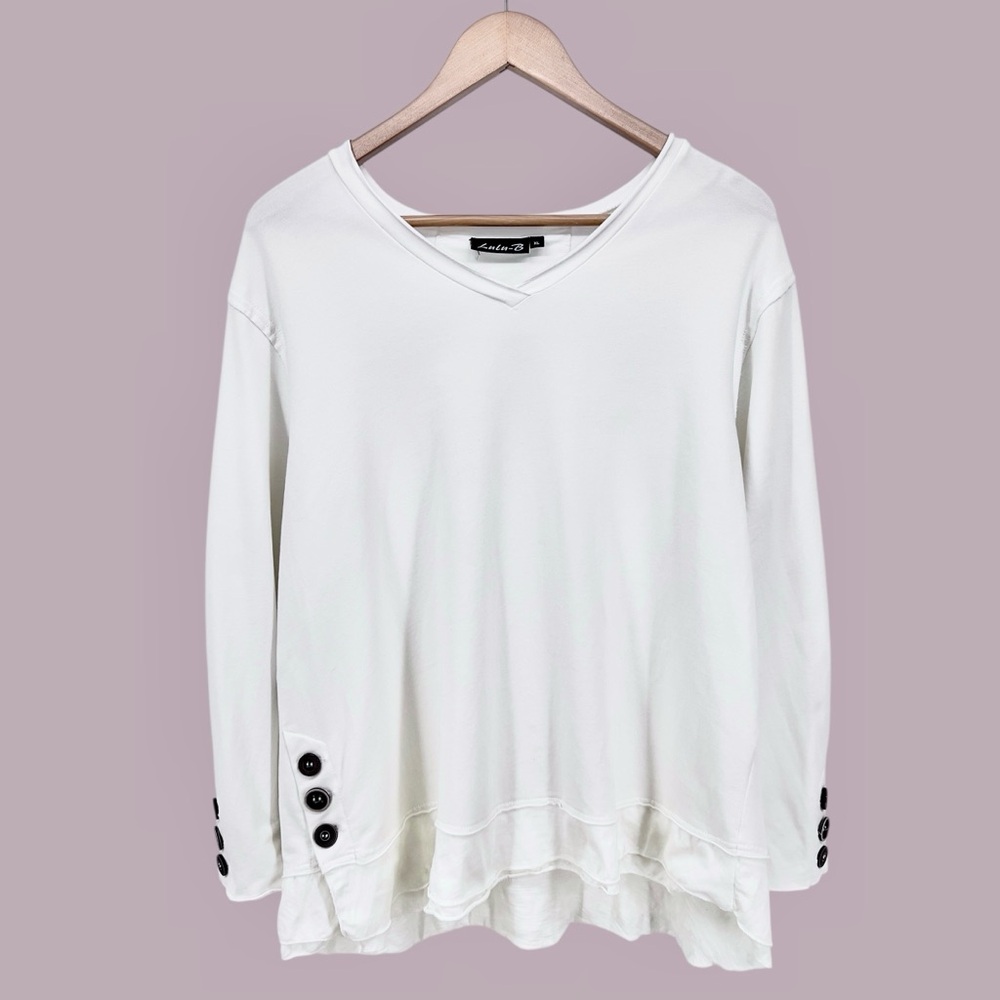 Lulu B Layered Hem Long Sleeve Shirt Sz XL White Button Accents Raw Hem Relaxed